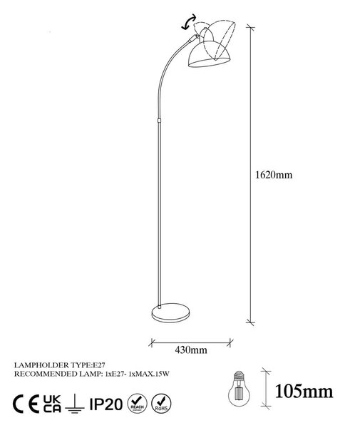 Medeninasta stoječa svetilka s kovinskim senčilom (višina 162 cm) Marzeo – Opviq lights