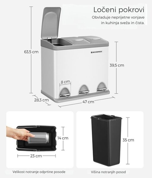 Koš za ločehvanje odpadkov SORT 24l (3x8l), siva/bela SongmicsHome