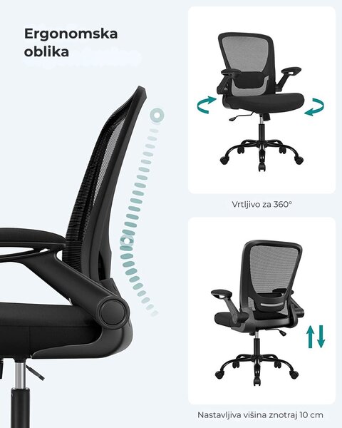 Pisarniški stol ERGO z zložljivimi nasloni za roke, maks. 120 kg, črn SongmicsHome