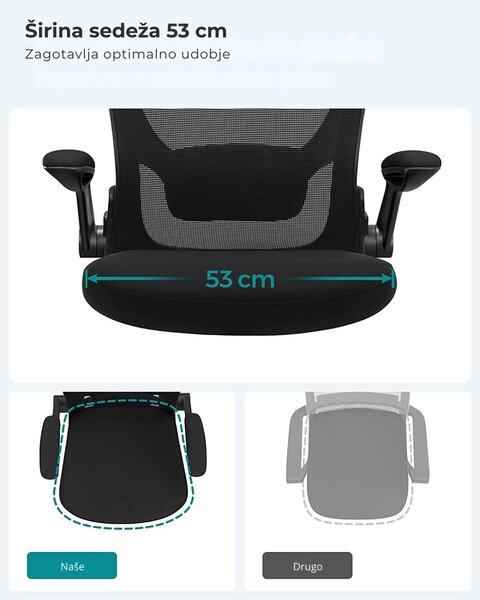 Pisarniški stol ERGO z zložljivimi nasloni za roke, maks. 120 kg, črn SongmicsHome