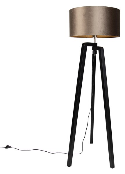 Stoječa svetilka črna tripod z rjavim senčilom z zlatim interierjem 50cm - Puros