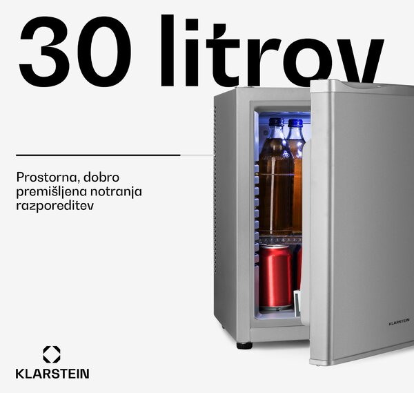 Klarstein Happy Hour 30, minibar, 30 l, 5-15 °C, energijski razred G, tiho delovanje, 25 dB, LED osvetlitev, srebrna