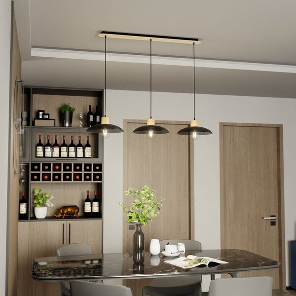 EMIBIG LIGHTING Visoka svetilka Kobe, s tremi žarnicami, jeklo, les, črna, zatemnjen, Črna, Dnevna soba / jedilnica, Kovina