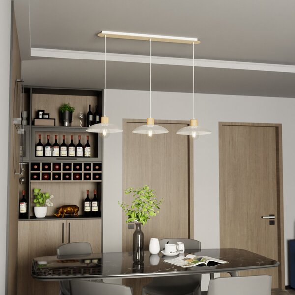 EMIBIG LIGHTING Kobe viseče svetilo, tri luči, jeklo, les, bela, zatemnjen, Bela, Dnevna soba / jedilnica, Kovina