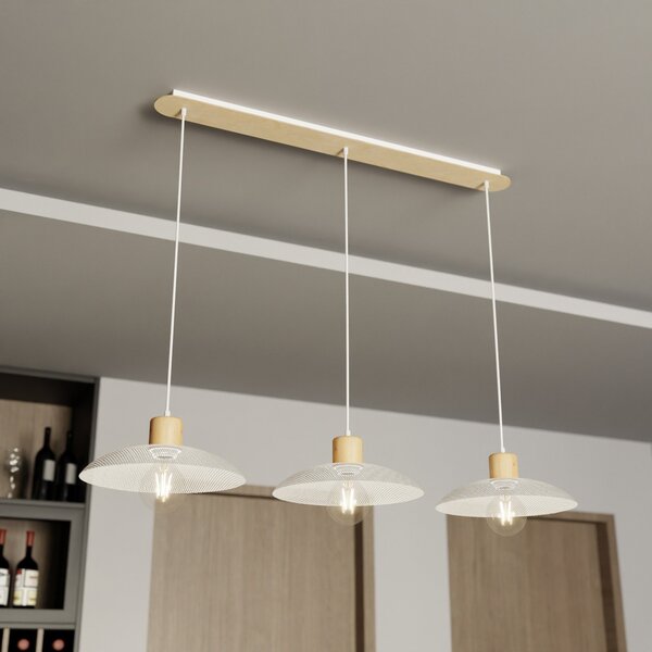 EMIBIG LIGHTING Kobe viseče svetilo, tri luči, jeklo, les, bela, zatemnjen, Bela, Dnevna soba / jedilnica, Kovina