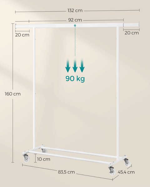 Stojalo za oblačila INEZ na kolesih, maks. 90kg, 83,5x45x160cm, bela SongmicsHome