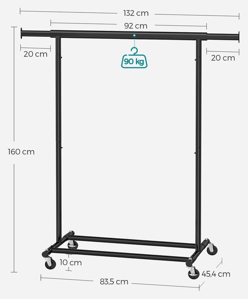Stojalo za oblačila INEZ na kolesih, maks. 90kg, 83,5x45x160cm, črna SongmicsHome