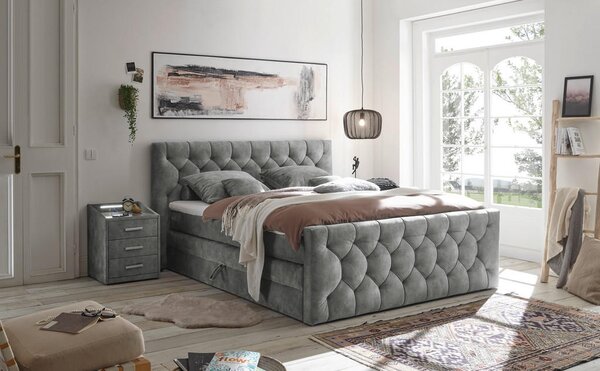 POSTELJA BOXSPRING 180 cm x 200 cm , tekstil, leseni material siva