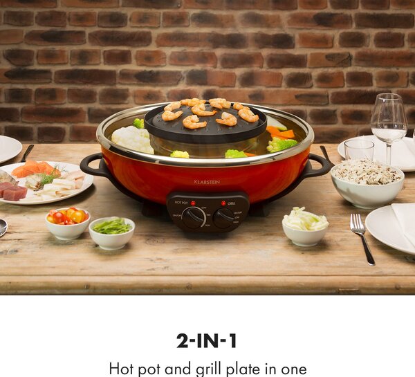 Klarstein Szechuan, hot pot in plošča za žar, prostornina 5 l, 1350 W, 600 W, rdeča