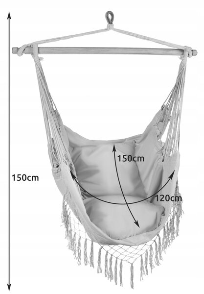 Brazilski viseči stol mreža gugalnica 125x97cm do 120kg siv + 2 blazine