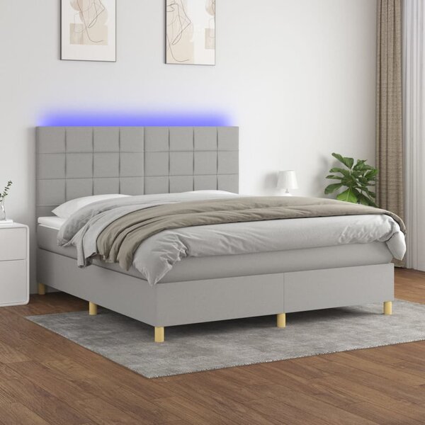 VidaXL Box spring postelja z vzmetnico LED sv. siva 160x200 cm blago