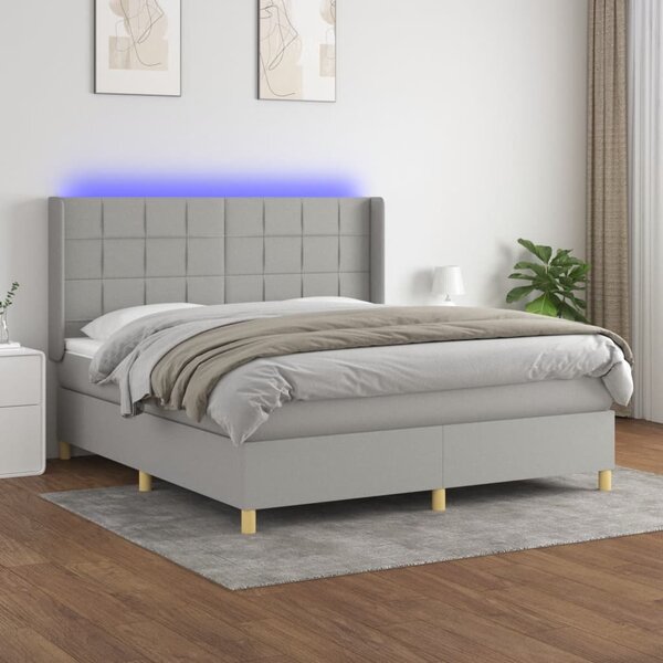 VidaXL Box spring postelja z vzmetnico LED sv. siva 160x200 cm blago