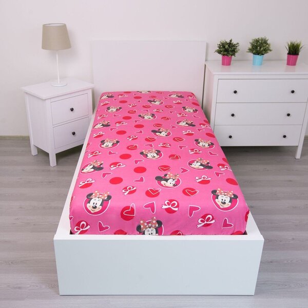 Rožnata napenjalna bombažna otroška rjuha 90x200 cm Minnie "Hearts" – Jerry Fabrics