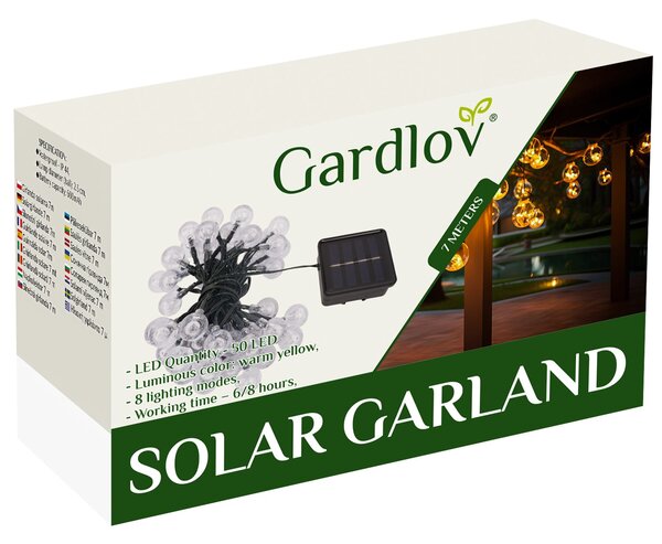 LED 50 toplo bela zunanja solarna dekorativna girlanda IP44 7m 8 funkcij