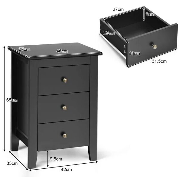 Komplet 2 nočnih omaric s 3 predali, dim. 46 x 37 x 65 cm, črne barve