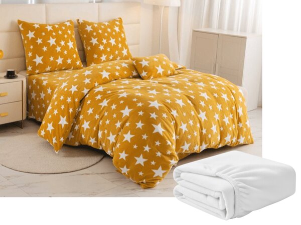 Set posteljnina mikropliš STARS rumeno-oranžna + rjuha mikropliš SOFT 180x200 cm bela, za francosko posteljo