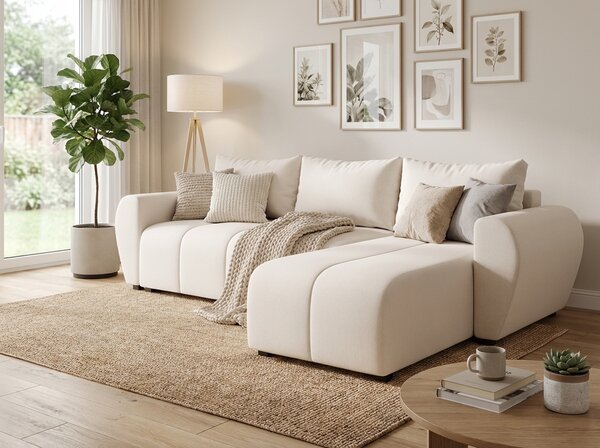 PROMOCIJA Raztegljiva dvostranska sedežna garnitura v obliki L SEVIO 246x145 cm, kremna + 2 blazini BREZPLAČNO II. kakovost