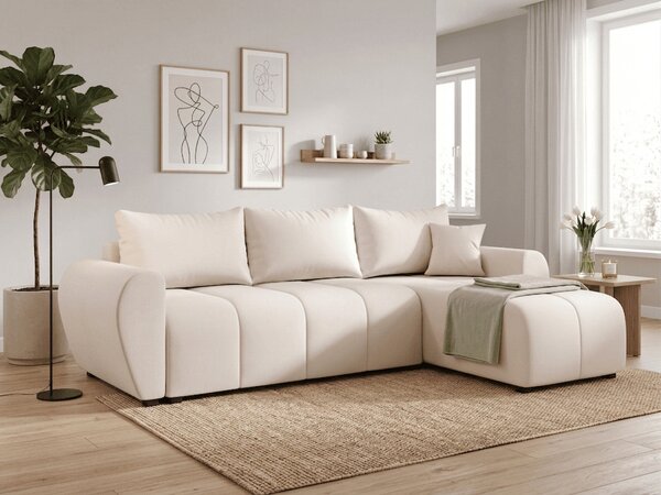 PROMOCIJA Raztegljiva dvostranska sedežna garnitura v obliki L SEVIO 246x145 cm, kremna + 2 blazini BREZPLAČNO II. kakovost