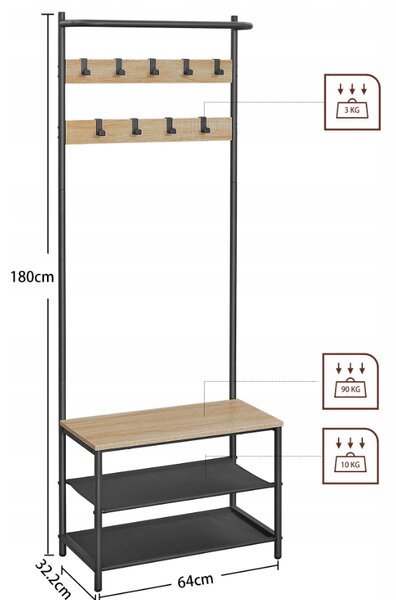 Kovinsko predsoblje LOFT 180 cm, črna/hrast sonoma