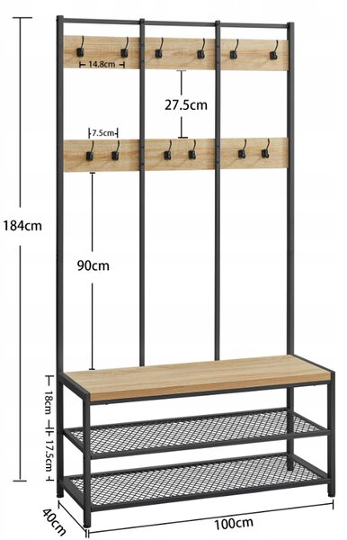 Kovinska predsobna stena STAGE 184 cm, črna/dub sonoma