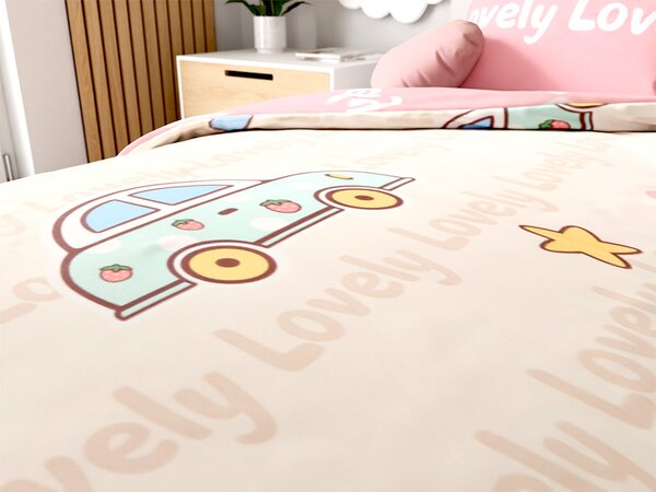 Bombažna posteljnina za posteljico AVTOMOBILI LOVELY roza