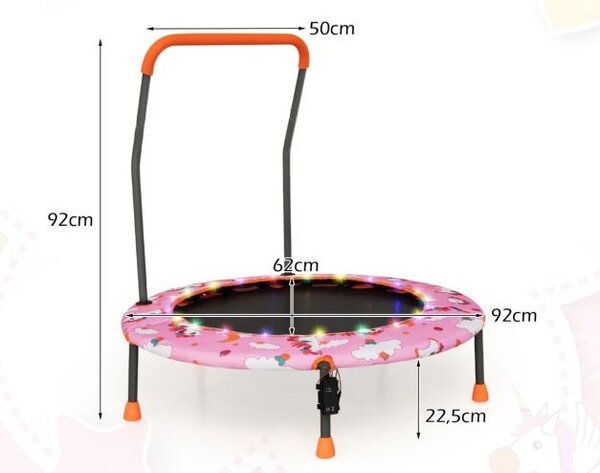 Mini trampolin za otroke, 92 cm z LED osvetlitvijo in odstranljivim ročajem
