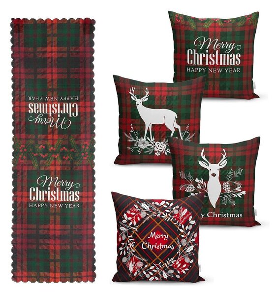 4 božične prevleke za okrasne blazine in namizni tekač Minimalist Cushion Covers Tartan Christmas