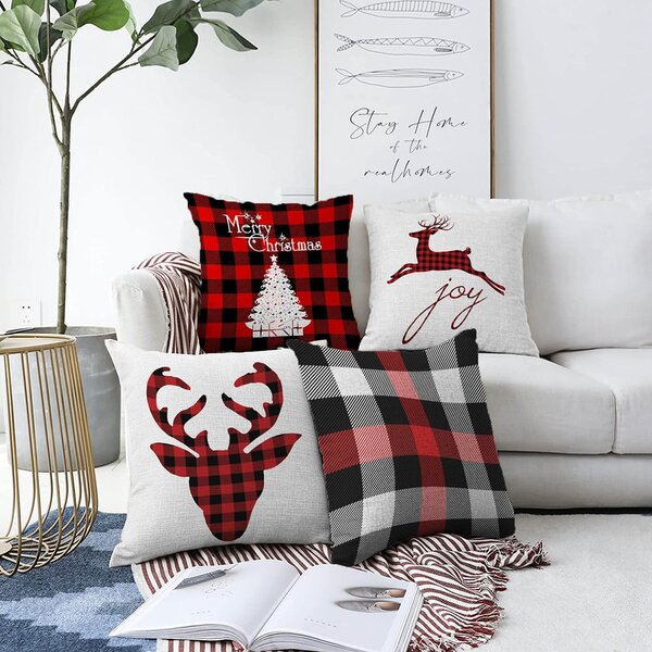 Komplet 4 prevlek za blazine iz šenilja za božič Minimalistične prevleke za blazine Christmas Tartan, 55 x 55 cm