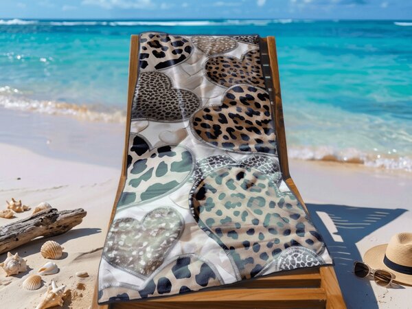 Hitrosušeča plažna brisača LEOPARD SRCA rjavo-bela 70 x 140 cm, 100% mikrotkanina