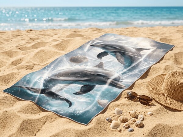 Hitro sušeča se plažna brisača DOLPHINS modra 70 x 140 cm, 100% mikrotkanina