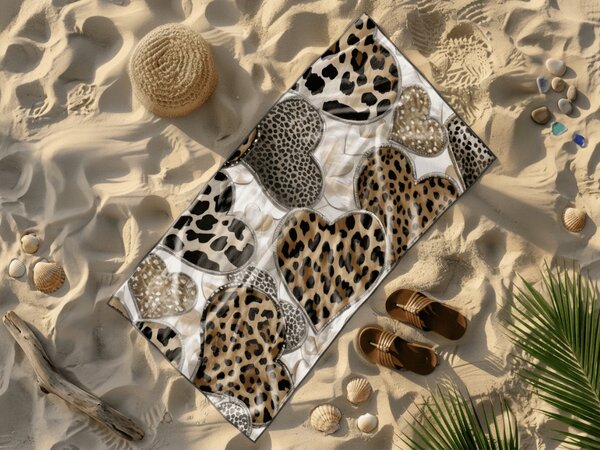 Hitrosušeča plažna brisača LEOPARD SRCA rjavo-bela 70 x 140 cm, 100% mikrotkanina