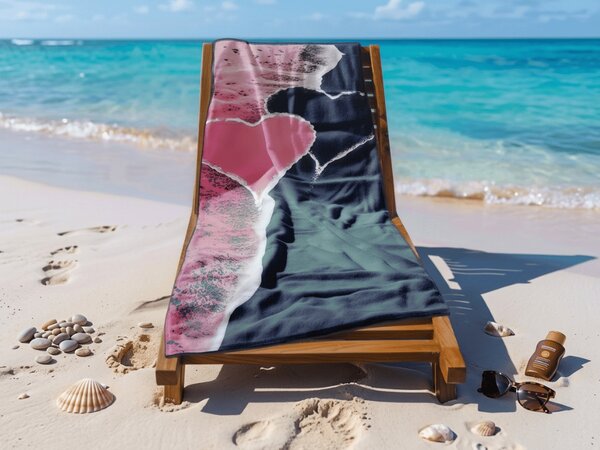 Hitrosušeča se plažna brisača SEA OF HEARTS roza-črna 70 x 140 cm, 100% mikrotkanina