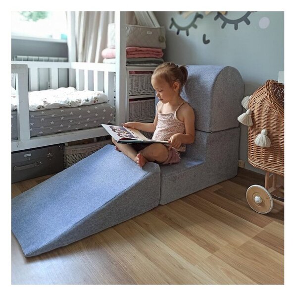 Sivo žametno otroško igrišče iz pene 4 ks višina 30 cm 225x90 cm Montessori – Meowbaby