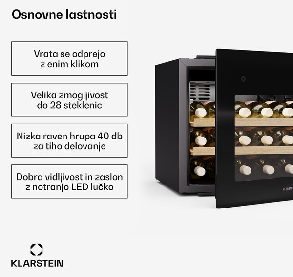 Klarstein Rhone 28 Uno hladilnik za vino, 28 steklenic, LED krmiljenje, push-to-open, tih