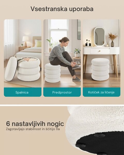 Tapeciran tabure CLOUDY s prostorom za shranjevanje, Ø43x47 cm, bela SongmicsHome