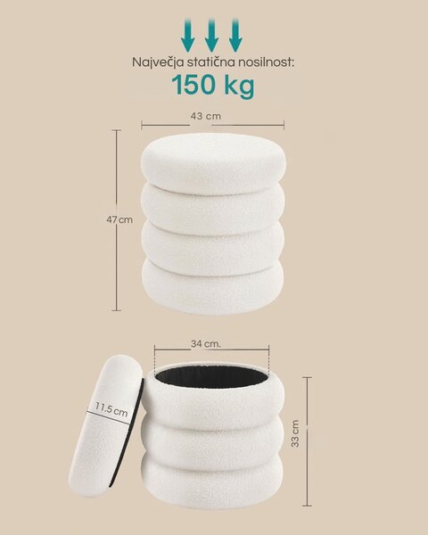 Tapeciran tabure CLOUDY s prostorom za shranjevanje, Ø43x47 cm, bela SongmicsHome