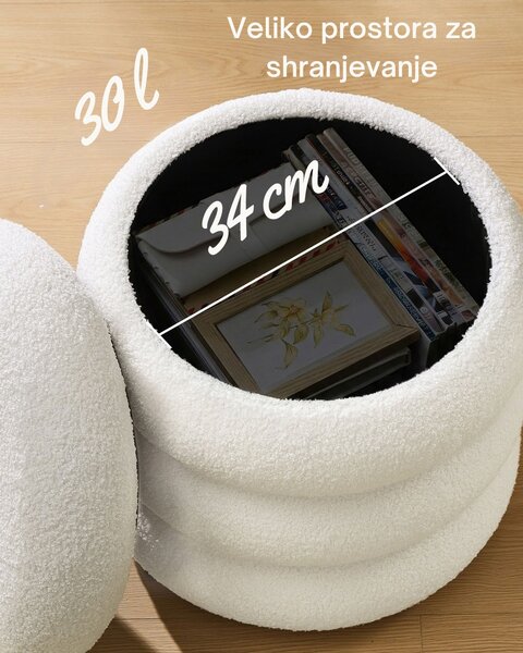 Tapeciran tabure CLOUDY s prostorom za shranjevanje, Ø43x47 cm, bela SongmicsHome