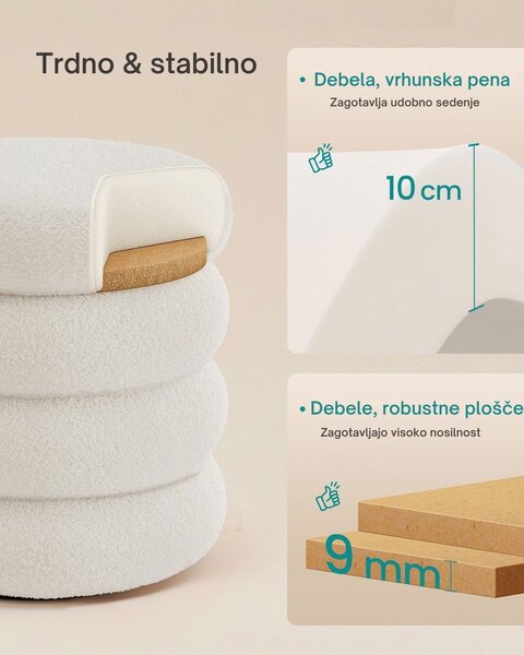 Tapeciran tabure CLOUDY s prostorom za shranjevanje, Ø43x47 cm, bela SongmicsHome