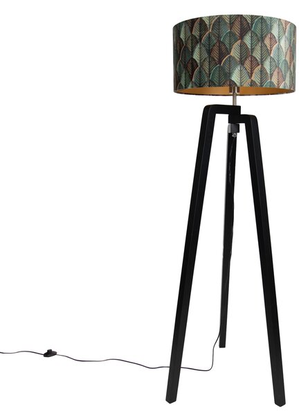 Stoječa svetilka črna tripod s senčilom z motivom listov in zlatim interierjem 50cm - Puros
