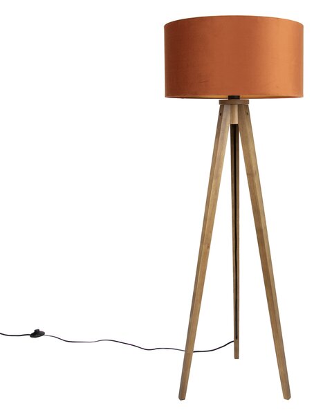 Lesena stoječa svetilka z oranžnim senčilom in zlatim interierjem 50 cm - Tripod Classic