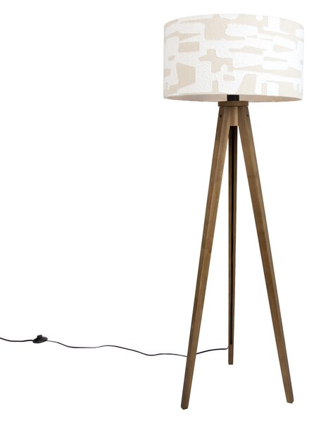 Lesena stoječa svetilka z bež in belo črtasto senčilo 50 cm - Tripod Classic