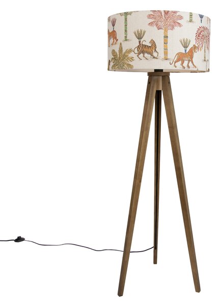Lesena stoječa svetilka z večbarvnim senčilom z živalskim potiskom 50 cm - Tripod Classic