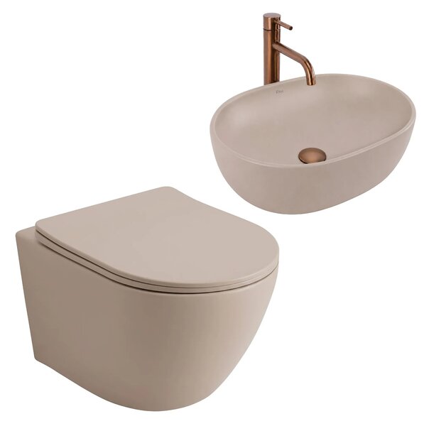 Komplet Stenska WC Školjka Focus + Nadpultni Umivalnik Rea Focus Taupe