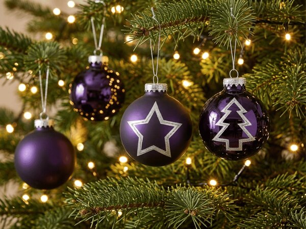 Set 12 kosov božičnih okraskov PURPLE JOY stekleni 7,5 cm, vijolični