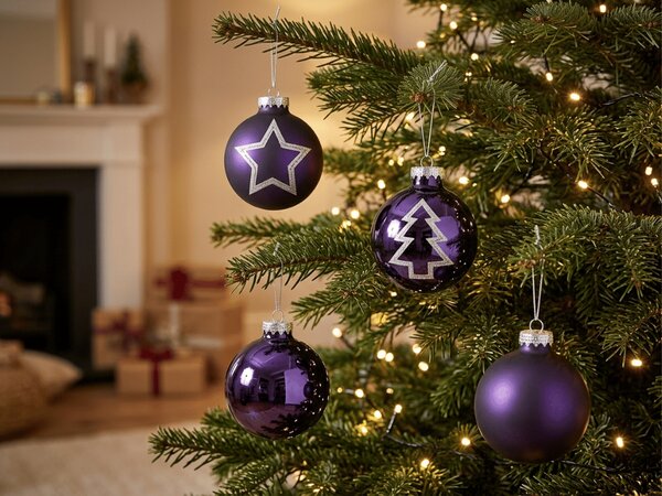 Set 12 kosov božičnih okraskov PURPLE JOY stekleni 7,5 cm, vijolični