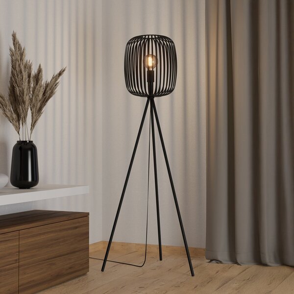 EGLO Stojna svetilka Romazzina, črna, višina 141 cm, kovina, E27, Črna, Dnevna soba / jedilnica, Kovina, Sodobni, Tripod