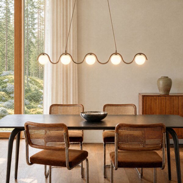EMIBIG LIGHTING Visoka svetilka SINUS, bež, dolžina 110 cm, 5-žarilna, kovina/steklo, zatemnjen, Bež, Dnevna soba / jedilnica, Steklo, Sodobni, Globus