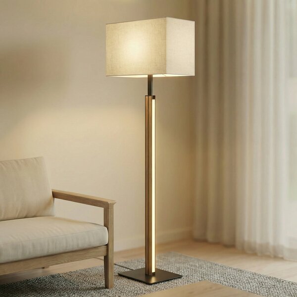 Quitani LED-stoječa svetilka Lisene, hrast/črna/naravna, 162 cm, z možnostjo, zatemnjen, Les, Dnevna soba / jedilnica, Tkanine / tekstil, Dizajn