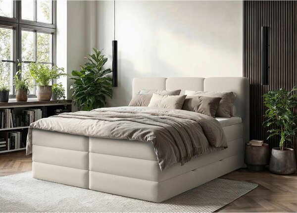 POSTELJA BOXSPRING 160 cm x 200 cm , les, tekstil, leseni material krem barve