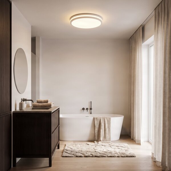 Lindby Arnim LED stropna svetilka, bela, plastika, Ø 49 cm, IP44, zatemnjen, Bela, Kopalnica, Plastika, Sodobni